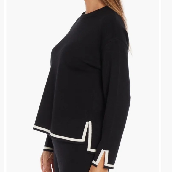 Black Cream Chic Casual Contrast Pullover Sweater Slit Sleeves Side Slit Large - Picture 1 of 7